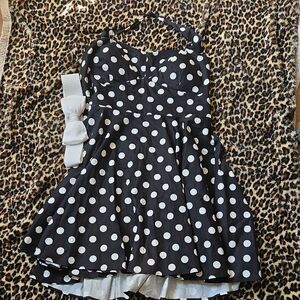Women’s Black and White Polka Dot Halter Dress with White Bow Belt